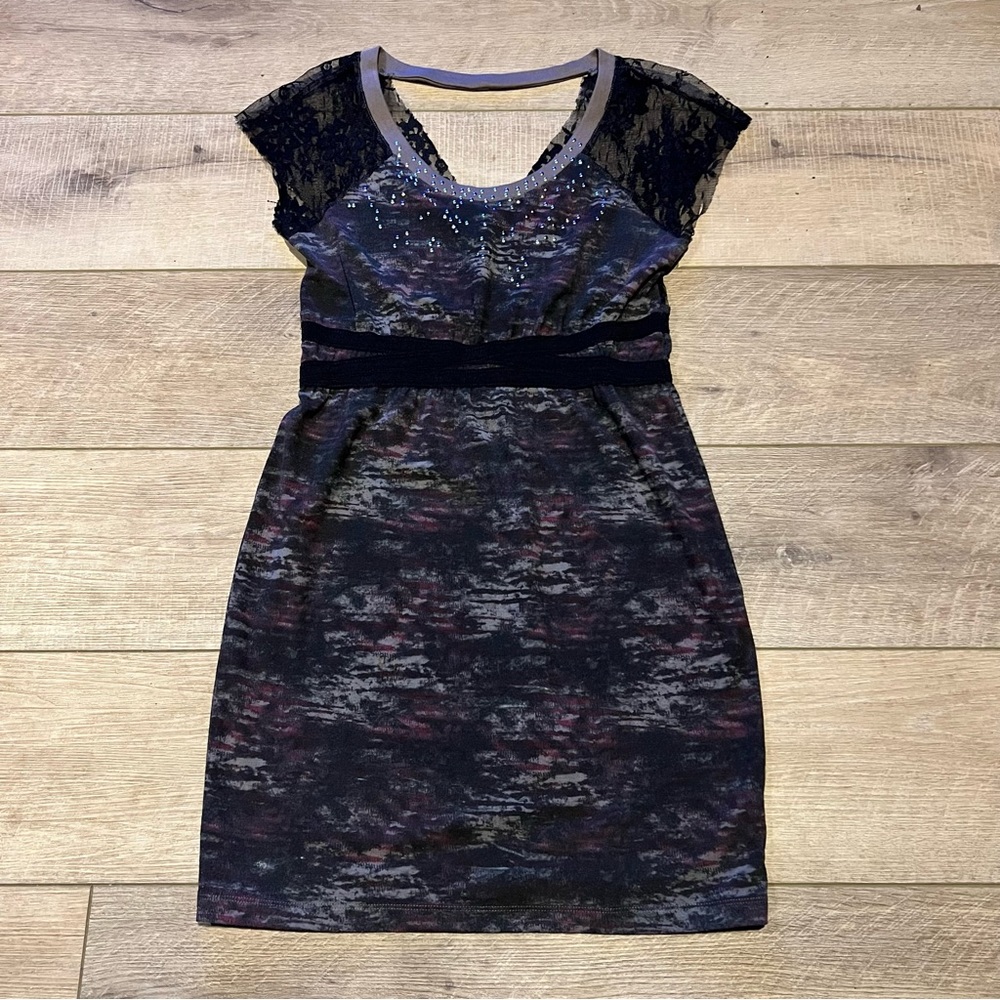 Free People Gray & Black Lace Short Sleeve Dress